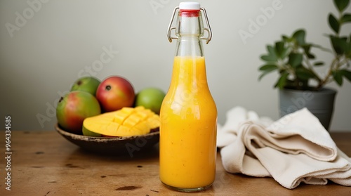 a bottle of mango juice on a wooden table photo