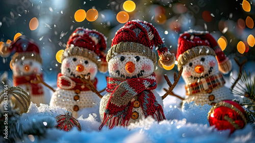 Adorable snowmen knitted on snowy winter Christmas background
