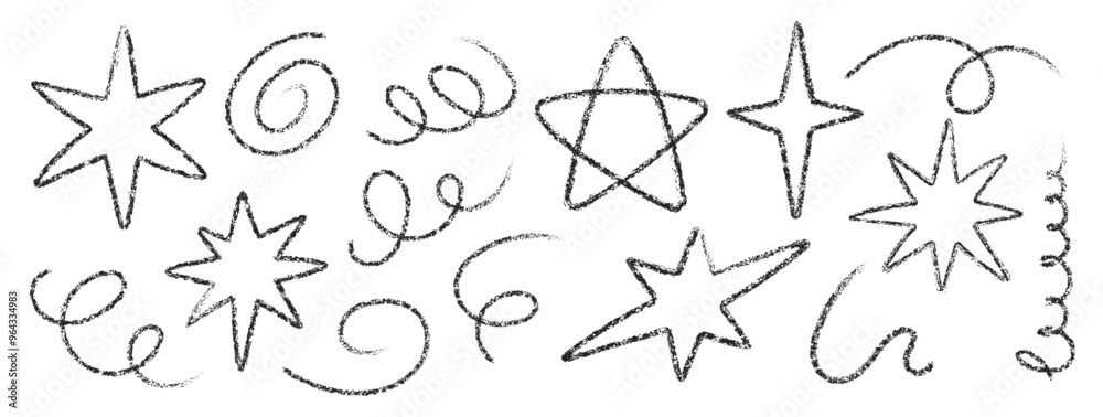 Hand drawn stars and confetti with crayon or chalk texture. Doodle vector illustration. Hand drawn stars and confetti with crayon or chalk texture. Doodle vector illustration.