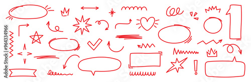 Hand drawn comic speech bubble, highlights, ribbon, arrows and stars. Sketch vector illustration in red color. Editable stroke.