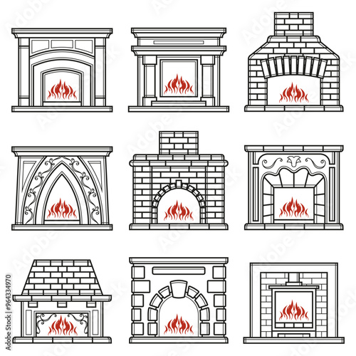 Set of furnace outline editable stroke icon. Fireplace sign. Vector illustration. Thin line icon for web and mobile, modern minimalistic flat design.