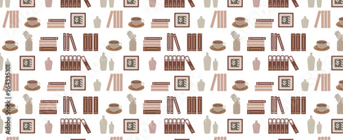 Pattern with books, glasses, mugs and flowers. Vector Seamless background. Reading, interior and library themed illustration.