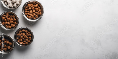 Variety of pet food in bowls on a gray surface, showcasing different textures and colors perfect for a pet nutrition theme.