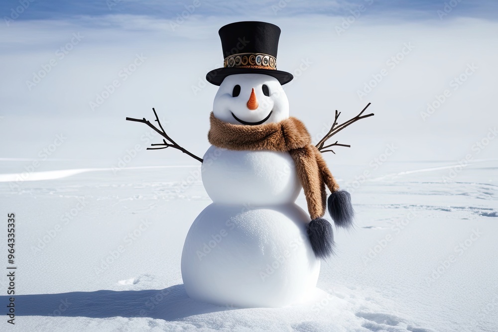 Obraz premium Cheerful Snowman with Distinctive Hat and Soft Scarf on Bright White Background