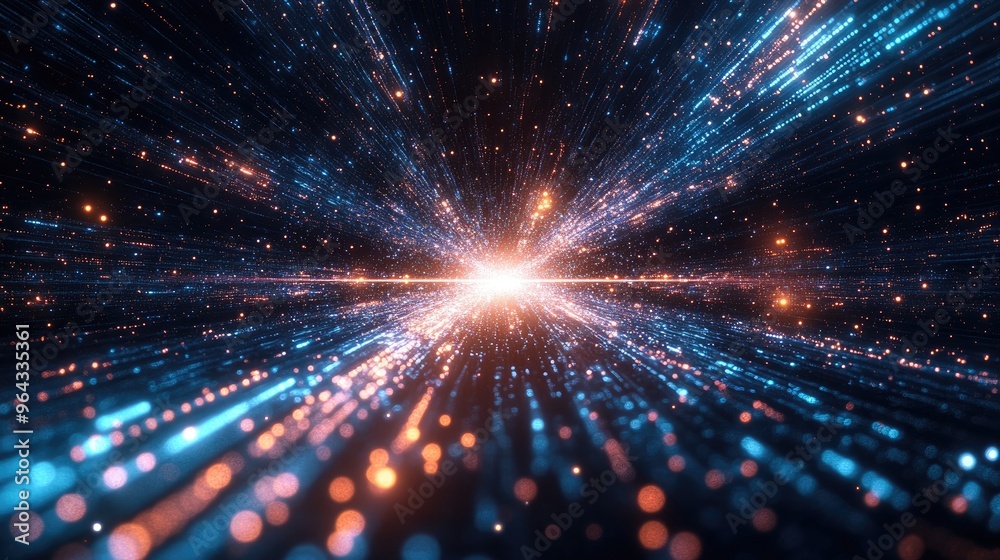 A glowing supercomputer embedded in space, with its digital signals extending outwards to control the rotation of planets and the formation of stars. A glowing supercomputer embedded in space, with its digital signals extending outwards to control the rotation of planets and the formation of stars.