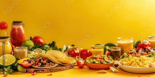 Vibrant display of delicious Mexican food with tacos, salad, and colorful ingredients on a yellow background. © Kamonwan