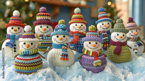 Adorable snowmen knitted on snowy winter Christmas background
