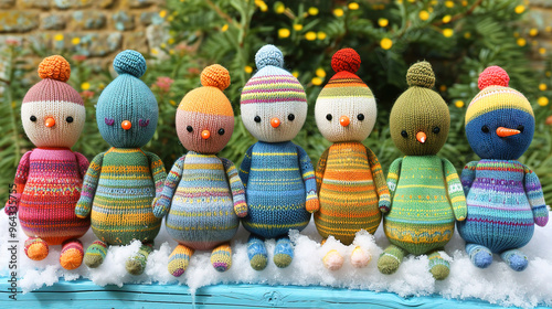 Adorable snowmen knitted on snowy winter Christmas background
