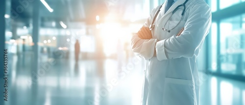 A doctor with arms crossed in a bright hospital hallway, symbolizing professionalism, confidence, and healthcare.
