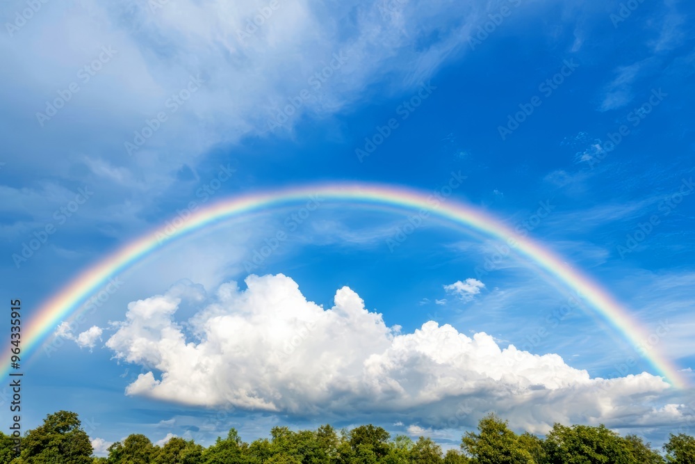 Bright rainbow over a rural landscape after a rainstorm, colorful weather, hope and renewal Bright rainbow over a rural landscape after a rainstorm, colorful weather, hope and renewal
