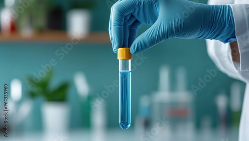 A gloved hand holding a test tube with blue liquid, highlighting scientific research in a laboratory environment.