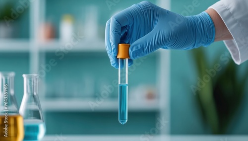 A gloved hand holding a test tube with blue liquid, highlighting scientific research in a laboratory environment.