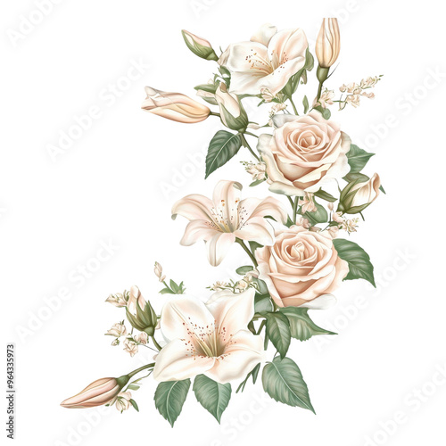 bouquet of roses, lilies, spring blossom. Gentle realistic illustration on white background