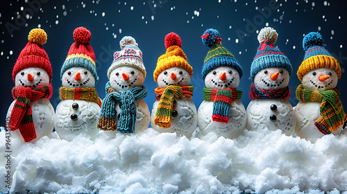 Adorable snowmen knitted on snowy winter Christmas background
