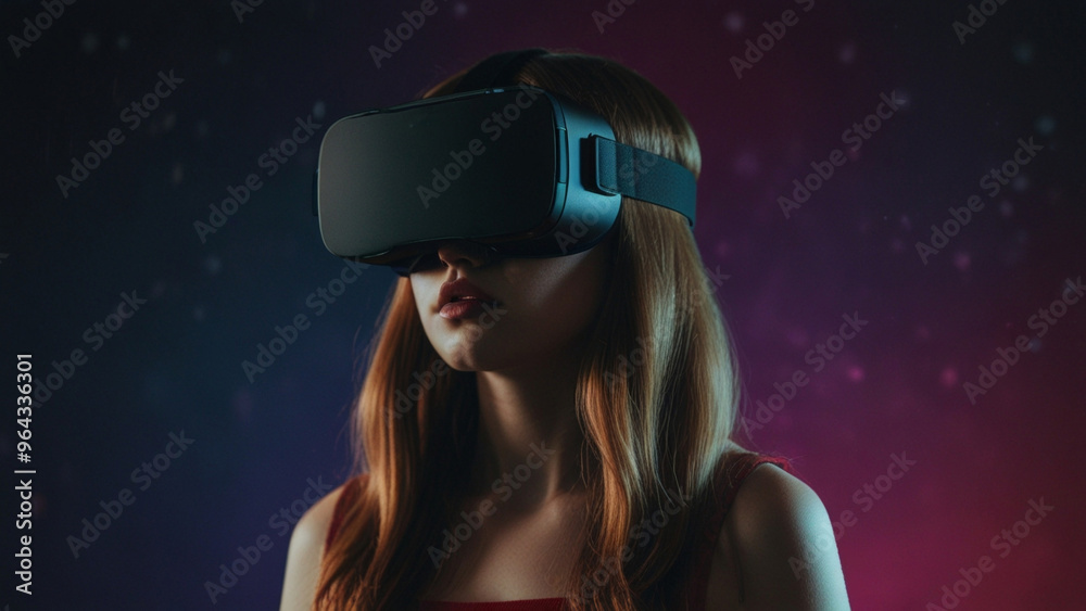 Young girl in virtual reality mask isolated on dark background Young girl in virtual reality mask isolated on dark background