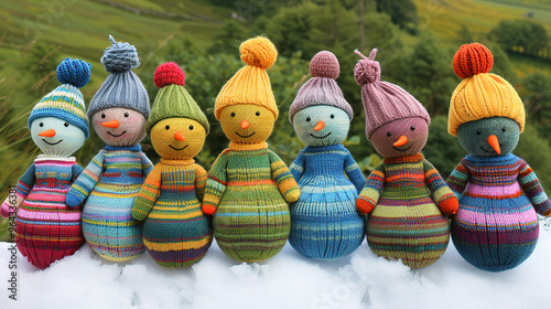 Adorable snowmen knitted on snowy winter Christmas background
