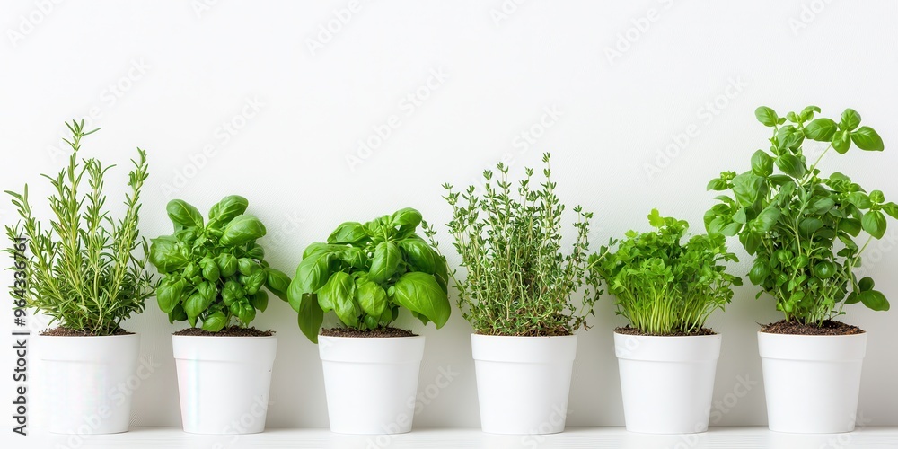A beautiful collection of fresh herbs in white pots, perfect for cooking or enhancing indoor spaces with greenery. A beautiful collection of fresh herbs in white pots, perfect for cooking or enhancing indoor spaces with greenery.
