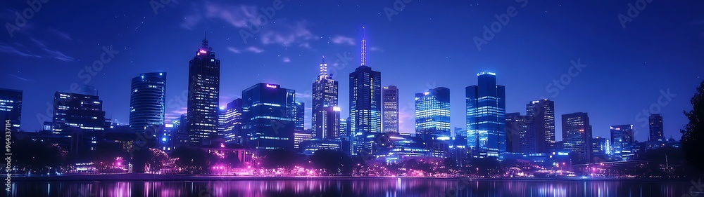 Fototapeta premium Hyper-Realistic Cinematic Melbourne Skyline: Sapphire-Toned Night View with Ultra-Detailed Rich Tones in High Resolution