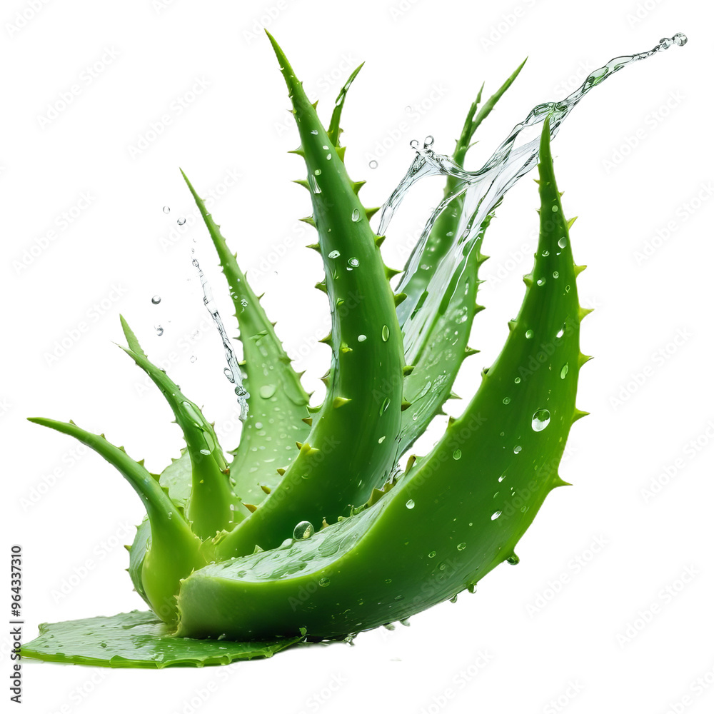 Naklejka premium Aloe Vera Leaf with Water Droplets Isolated on Transparent Background