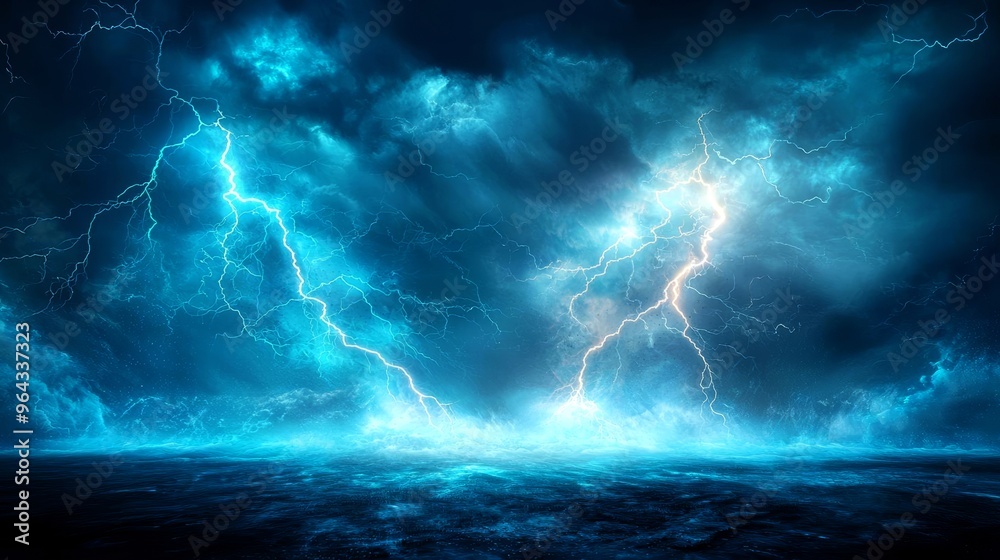 Lightning bolts illuminating a dark sky during a heavy storm, extreme weather, intense energy Lightning bolts illuminating a dark sky during a heavy storm, extreme weather, intense energy
