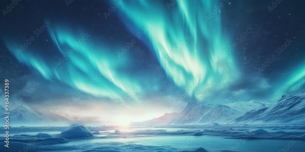 Naklejka premium A breathtaking view of the Northern Lights illuminating the night sky over a serene icy landscape, creating a magical ambiance.
