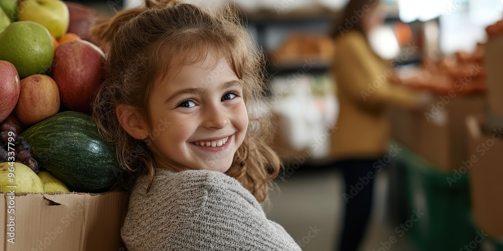 Fototapeta premium A cheerful girl smiles in a fruit shop filled with fresh produce, radiating joy and the essence of healthy living.