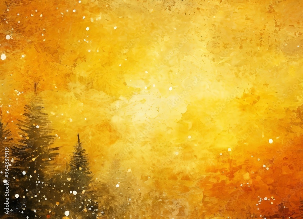Obraz premium a digital painting featuring a vibrant, textured background with a warm, golden hue. The scene is dominated by a cluster of pine trees, their silhouettes standing out against the