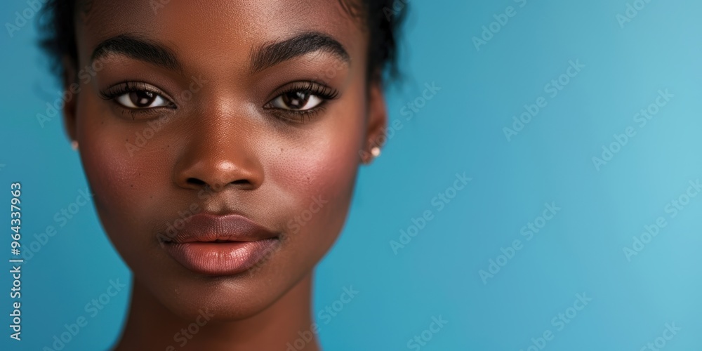 Studio portrait featuring an attractive young model against a blue background, showcasing skincare and cosmetics in a promotional mockup Studio portrait featuring an attractive young model against a blue background, showcasing skincare and cosmetics in a promotional mockup