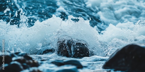 Fototapeta Naklejka Na Ścianę i Meble -  A close-up view of waves crashing over rocks, showcasing the beauty and power of nature in a tranquil seascape.