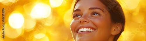 Wallpaper Mural Radiant Woman with Charming Smile and Healthy Teeth on Vibrant Yellow Bokeh Background, Exuding Optimism and Cheerfulness Torontodigital.ca