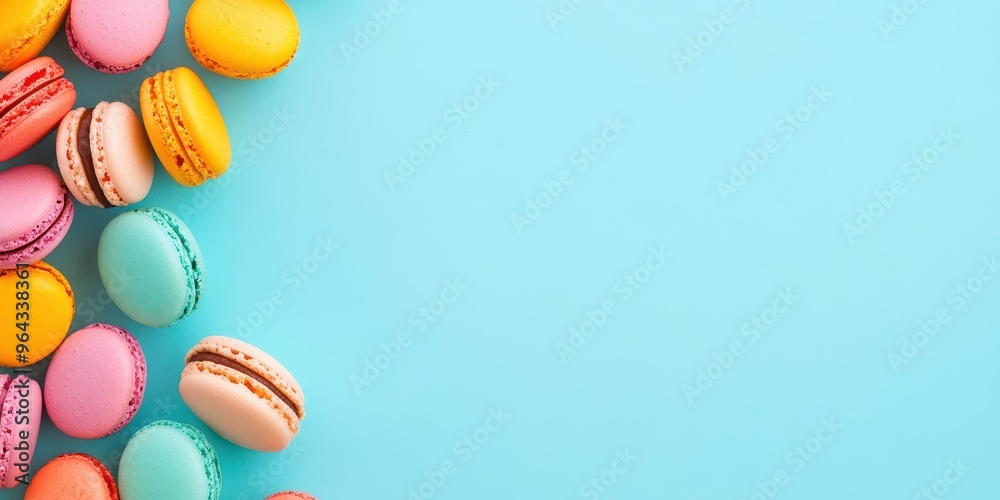 A colorful arrangement of macarons on a bright blue background, perfect for desserts, sweets, and culinary themes. A colorful arrangement of macarons on a bright blue background, perfect for desserts, sweets, and culinary themes.