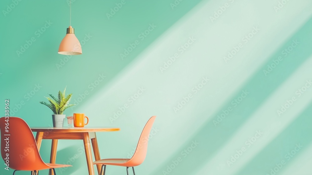 Fototapeta premium Cozy Dining Nook with Wooden Table & Coral Chairs â€“ Minimalistic Interior Design