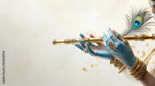 hands of Lord Krishna holding a gold flute photo