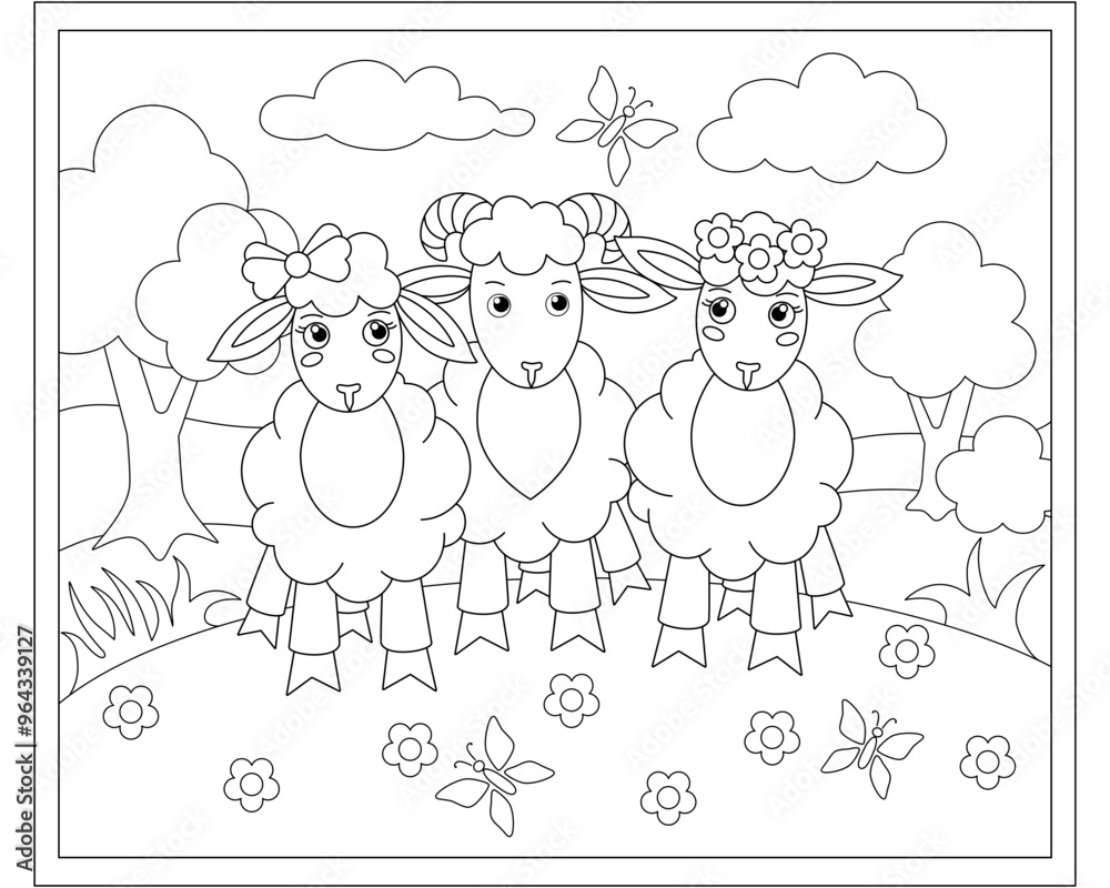Three cute sheep in a meadow against the background of clouds and butterflies - a vector linear picture for coloring. Outline. Cute sheep on the background of the landscape. Trees, bushes and grass, Three cute sheep in a meadow against the background of clouds and butterflies - a vector linear picture for coloring. Outline. Cute sheep on the background of the landscape. Trees, bushes and grass,