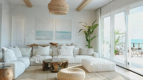 A bright and airy coastal-inspired living room featuring a large white sectional sofa, natural wood accents, and minimalist decor. 