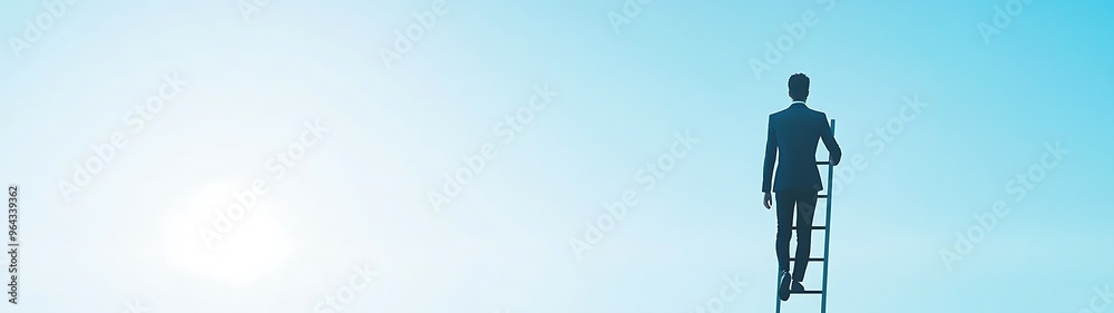 Ascending to Success - Business Person Climbing Ladder Towards Clear Sky on Gradient Background | Career Advancement Concept Ascending to Success - Business Person Climbing Ladder Towards Clear Sky on Gradient Background | Career Advancement Concept