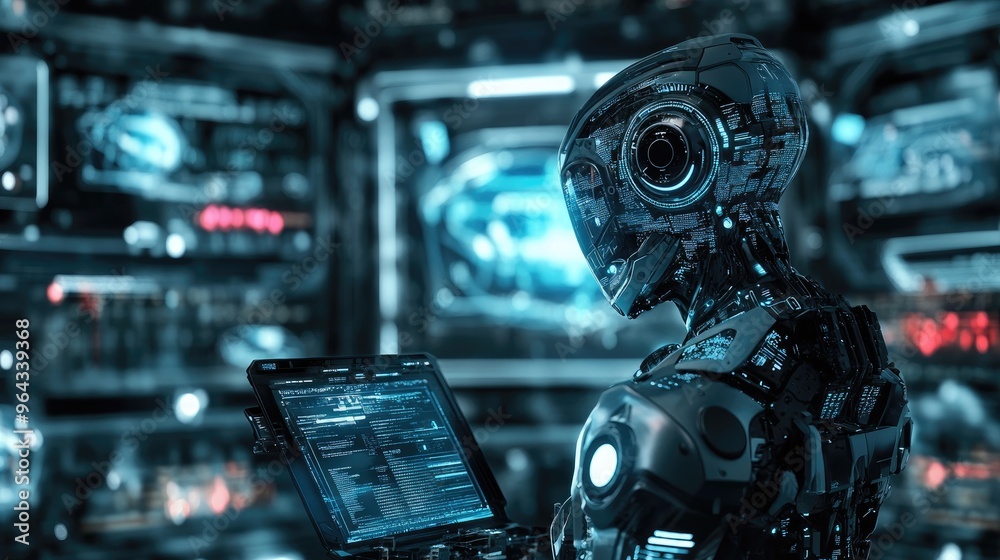 A futuristic AI robot analyzing complex data in a high-tech environment, symbolizing innovation and artificial intelligence in technology. A futuristic AI robot analyzing complex data in a high-tech environment, symbolizing innovation and artificial intelligence in technology.