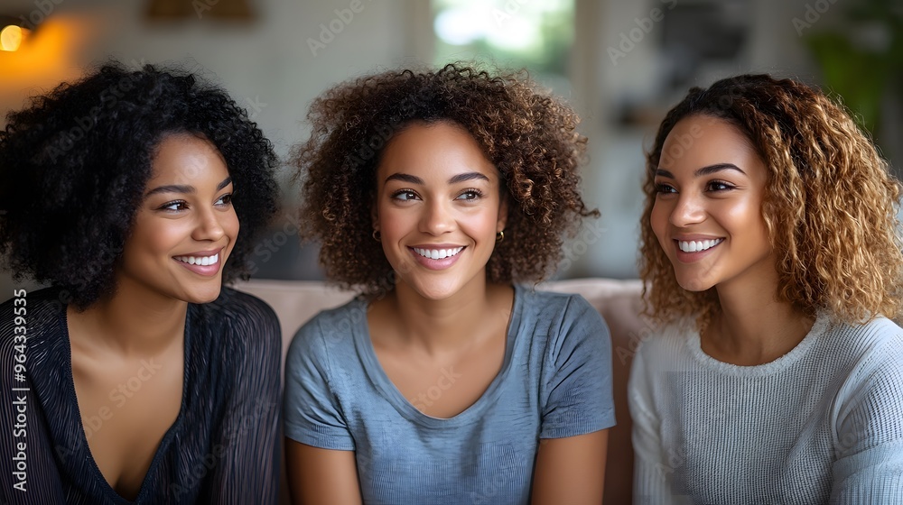 Three women sitting on a sofa, engaged in a cheerful conversation, with a peaceful living room in the background, symbolizing connection.