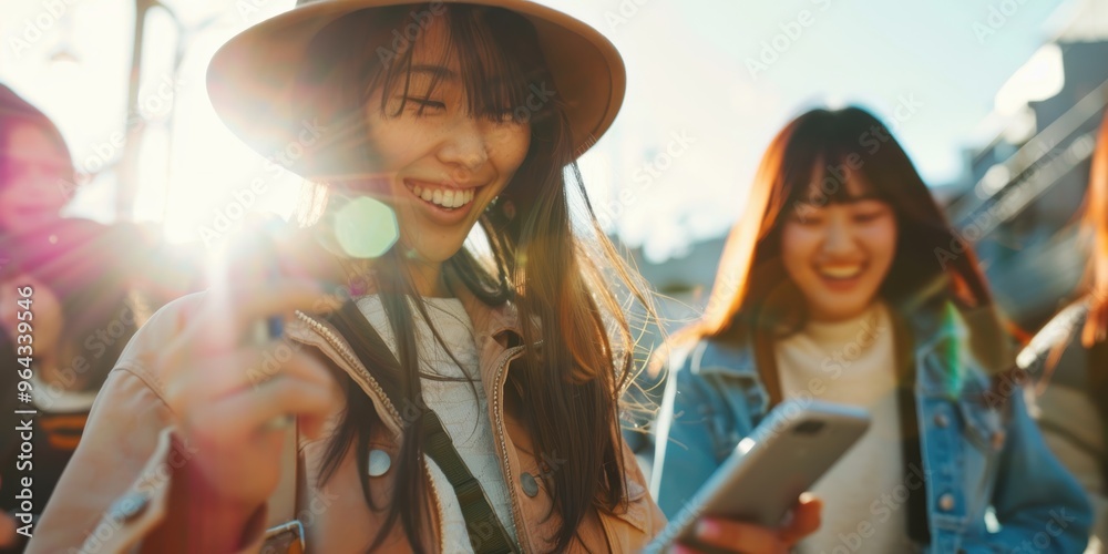 Obraz premium Women and friends enjoying the outdoors with smartphones, sharing happiness and connection through social media in sunny weather