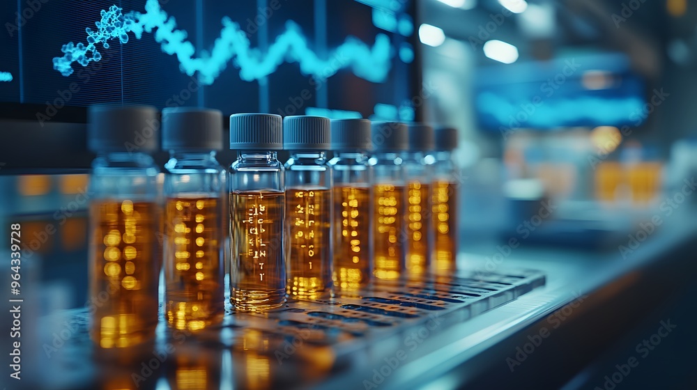 A close-up shot of DNA testing vials, with molecular structures displayed on a nearby monitor in a forensic lab setting. A close-up shot of DNA testing vials, with molecular structures displayed on a nearby monitor in a forensic lab setting.