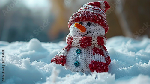 Knitted snowmen on soft snowy winter copy space Christmas background
