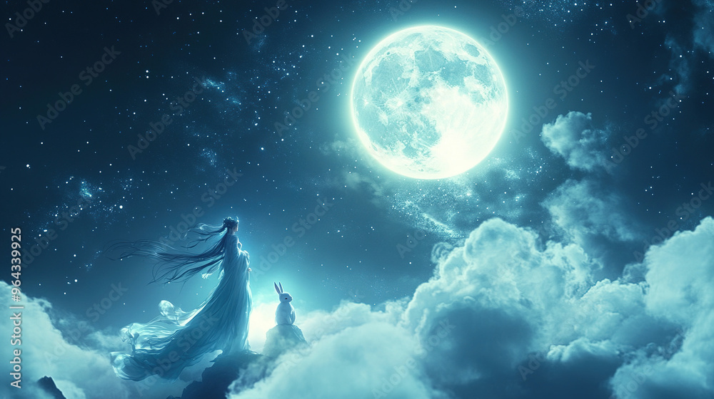 An elegant depiction of Chang'e, the moon goddess floating in the night sky, dressed in a flowing robe and accompanied by the Jade Rabbit, makes for a perfect Mid-Autumn Festival design. An elegant depiction of Chang'e, the moon goddess floating in the night sky, dressed in a flowing robe and accompanied by the Jade Rabbit, makes for a perfect Mid-Autumn Festival design.