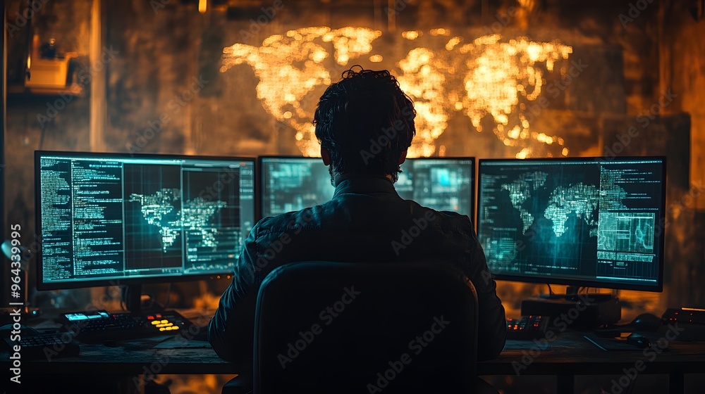 Cybersecurity expert analyzing data on multiple screens, tracking a hacker movements through encrypted codes in a dark, high-tech environment. Cybersecurity expert analyzing data on multiple screens, tracking a hacker movements through encrypted codes in a dark, high-tech environment.
