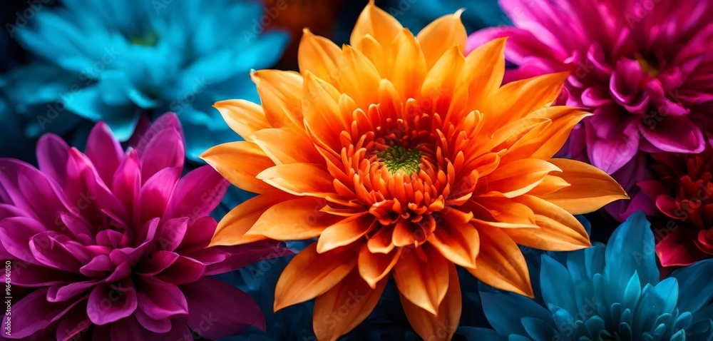 A close-up view of a vibrant orange dahlia flower surrounded by other colorful flowers in shades of blue, pink, and purple. A close-up view of a vibrant orange dahlia flower surrounded by other colorful flowers in shades of blue, pink, and purple.