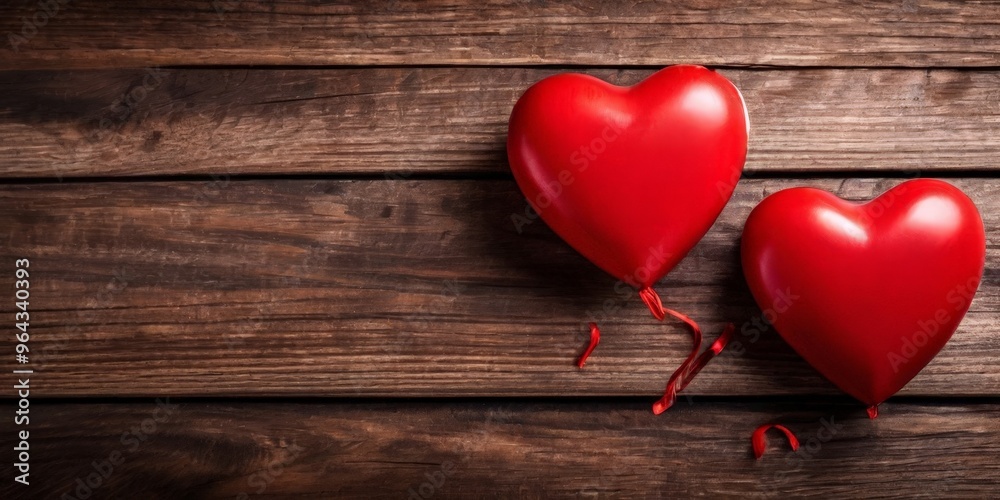 Two red heart-shaped balloons with ribbons are placed on a wooden surface. Two red heart-shaped balloons with ribbons are placed on a wooden surface.