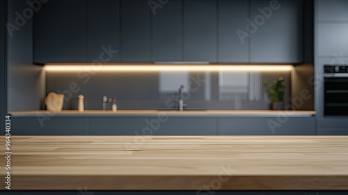 wooden table for advertising product base with modern kitchen background photo