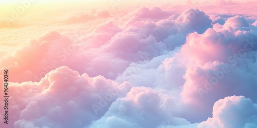 A mesmerizing view of fluffy clouds painted in soft pastel colors, evoking tranquility and serenity in the sky. photo