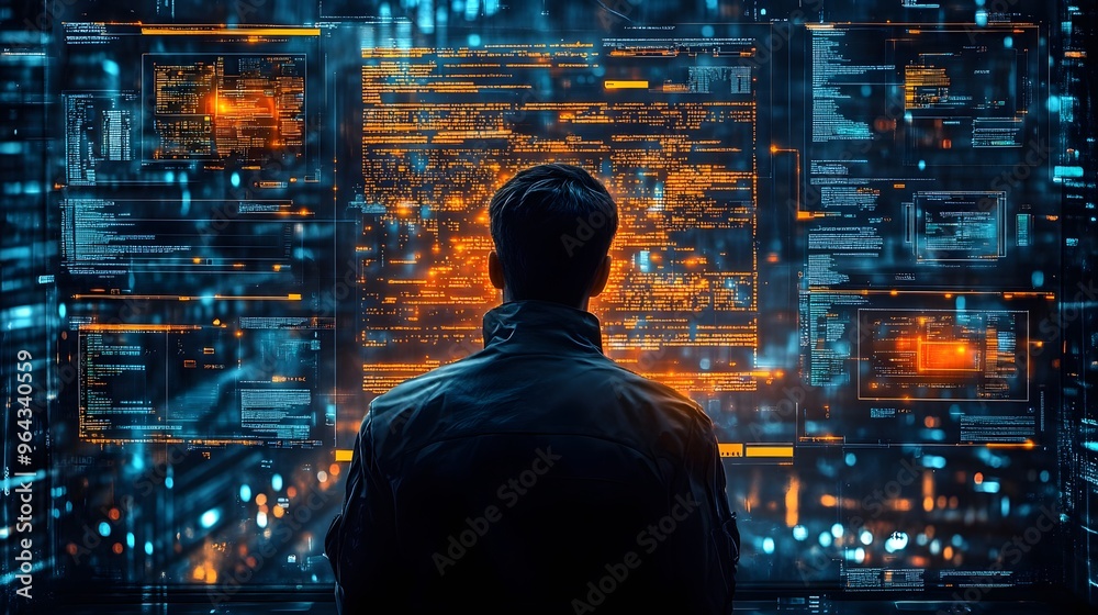 Hacker surrounded by glowing lines of code, breaking into a secure network, with multiple screens showing security alerts.