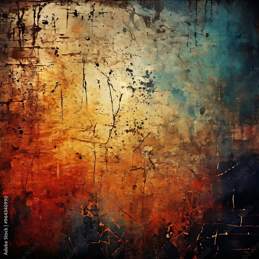 Obraz premium an abstract painting featuring a textured surface with a gradient of warm and cool colors, including orange, yellow, blue, and black.