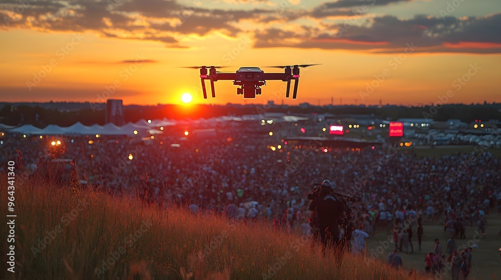 Fototapeta premium A real-time feed from a drone monitoring a large outdoor event, showing crowds gathered in an open space, with security personnel on site.